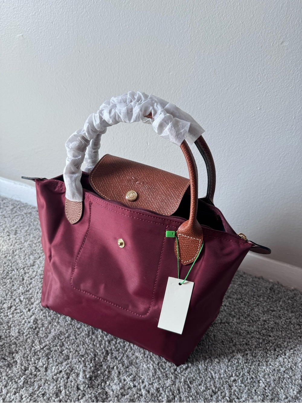 Longchamp Burgundy Mini Le Pliage Top-Handle Bag with Brown Trim